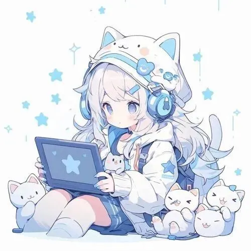 Nhân vật chibi tóc nâu ngồi bên bàn máy tính, tai gấu hồng và áo thủy thủ gợi không khí livestream game thật vui