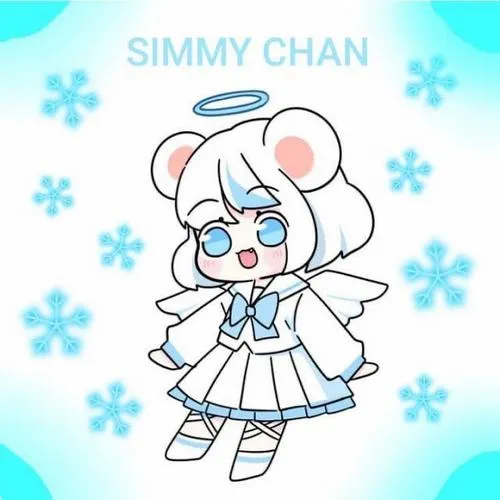 Simmy Chan mặc trang phục thiên thần trắng, đôi cánh nhỏ và vòng hào quang xanh làm tạo hình chibi trở nên mềm mại