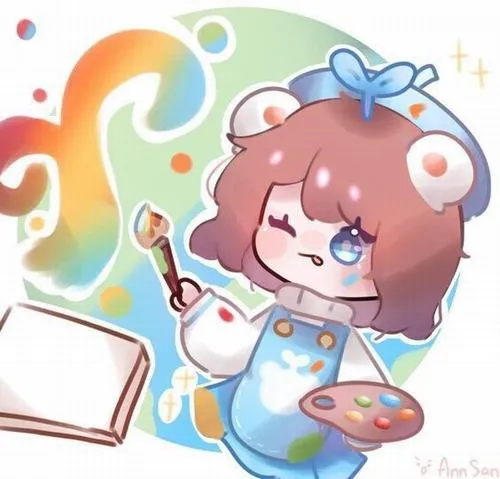 Mèo Simmy chibi ngủ gật bên bảng màu và bút vẽ, nền cầu vồng rực rỡ gợi lại nét sáng tạo của cô nàng mê tranh
