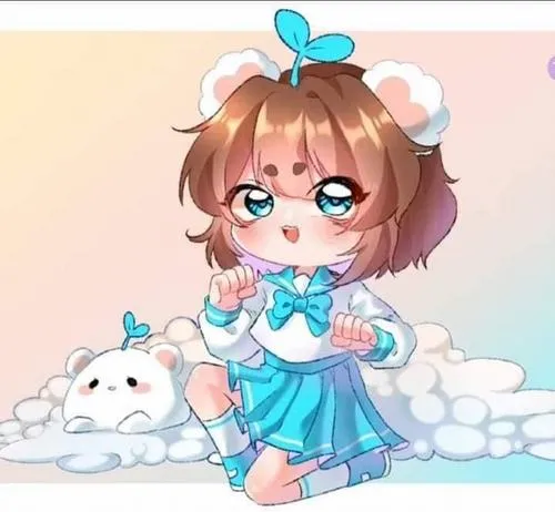 Cô bé anime chibi ngồi giữa mây trắng cạnh thỏ nhỏ, váy xanh bồng bềnh và ánh mắt tròn tạo cảm giác ngọt như kẹo