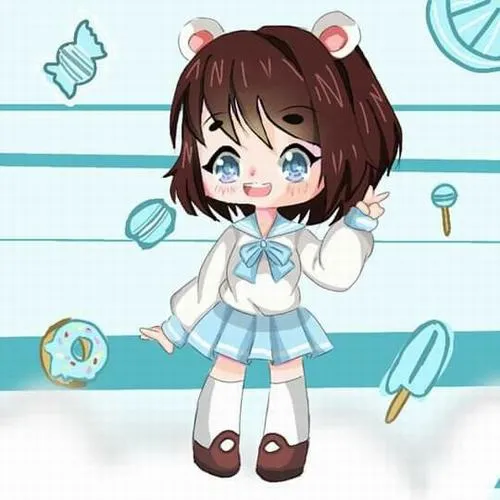 Simmy tóc nâu đứng giữa nền xanh có kẹo và phụ kiện dễ thương, gương mặt rạng rỡ khiến khung hình trông rất vui mắt