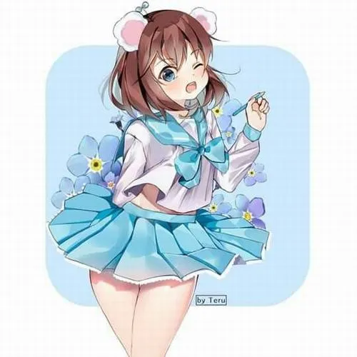Fanart Mèo Simmy mặc váy thủy thủ xanh trắng, tóc buộc cao và những bông hoa nhỏ làm dáng đứng thêm nhẹ nhàng