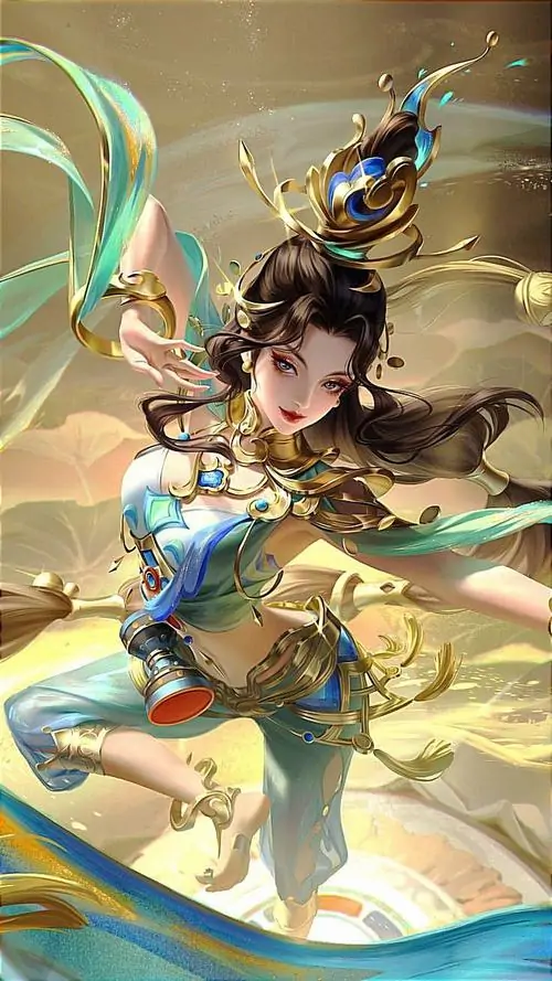 Ảnh avatar Điêu Thuyền Thất Tịch Tiên Tử múa trong vòng sáng vàng, váy cổ trang xanh ngọc và tóc búi cao tạo dáng uyển chuyển