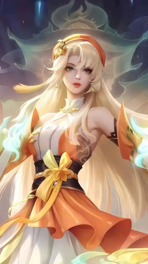 Điêu Thuyền Phù Thủy Bí Ngô đứng cạnh lồng đèn ma nhỏ, váy cam tím, mũ nhọn cao và đôi mắt tròn mang vẻ nghịch ngợm
