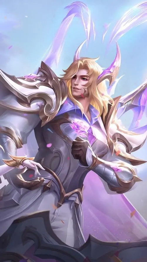 Ảnh đại diện game Điêu Thuyền Mộng Mị khoác giáp trắng tím, tóc vàng nhạt bay cao, tay cầm vũ khí và dáng đứng kiêu trong ánh hồng