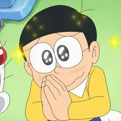 Khoảnh khắc Nobita che miệng cười với đôi mắt lấp lánh, nền xanh sáng và vẻ mặt khoái chí khiến ảnh vui Nô bi ta ngập mùi đắc thắng