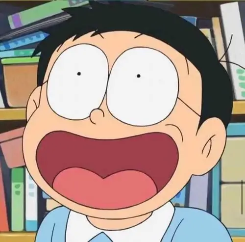 Hình chế Nobita há miệng thật to trong lớp học, đôi mắt tròn và áo vàng bất lực biến một cú sốc nhỏ thành màn tấu hài