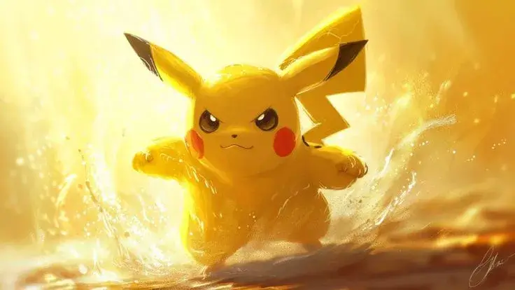 Pikachu đứng dưới ánh đèn sân khấu nhỏ, đôi má đỏ phóng điện nhẹ và nụ cười hiền tạo không khí trình diễn dễ thương