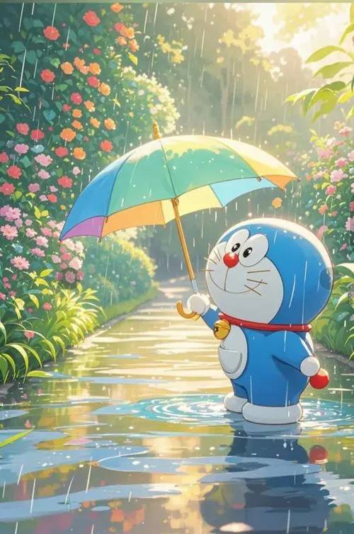 Chú mèo máy một mình che chiếc ô xanh lá dạo bước dưới cơn mưa phùn giữa dòng suối nhỏ bao quanh bởi thảm thực vật nhiệt đới vô cùng tươi mát.