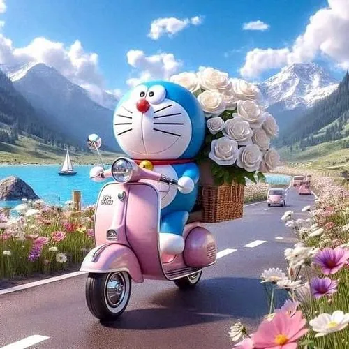 Chú mèo máy vui vẻ điều khiển chiếc xe tay ga màu hồng phấn chở theo giỏ hoa trắng phía sau chạy dọc con đường ven núi có mây mờ che phủ thật khoáng đạt.