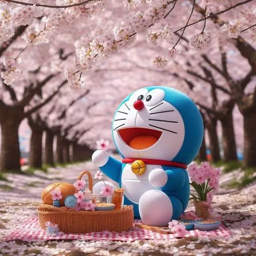 Nét vẽ sáng tạo về Doraemon ngồi bệt dưới thảm hoa anh đào rụng đầy đất bên cạnh chiếc giỏ dã ngoại mây tre đan với nét mặt hạnh phúc vô cùng mãn nguyện.