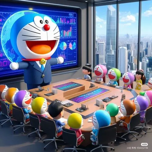Nét họa Doraemon từ người hâm mộ đeo kính công nghệ tương lai ngồi điều khiển dàn máy tính ma trận lập trình rực rỡ ánh đèn led neon nhìn cực kỳ thời thượng.