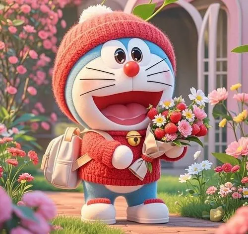 Chú mèo máy trong bộ đồ phi hành gia cồng kềnh đang bay lơ lửng ngoài không gian vũ trụ bên cạnh các vì tinh tú và đĩa bay viễn tưởng rất kỳ thú.