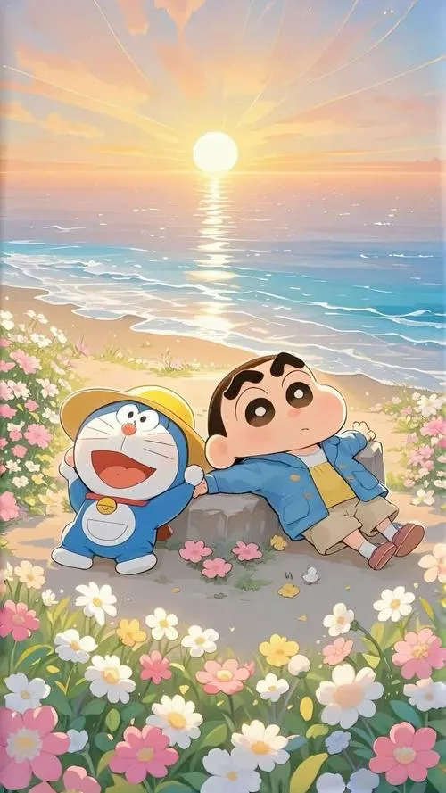 Ảnh Doraemon fanart vẽ cảnh hai người bạn ngồi bên nhau trên bãi cát ngắm sóng biển xô bờ dưới bầu trời hoàng hôn nhuộm sắc tím vàng đầy yên bình.
