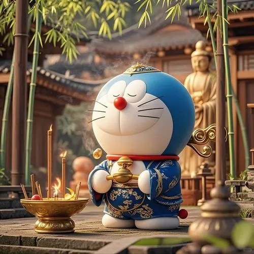 Tranh Doraemon tự vẽ khắc họa nhân vật cầm chiếc đèn pin thu nhỏ rọi vào những cuốn sách cổ dày cộp xếp cao ngất ngưởng trong thư viện cổ kính đầy bí ẩn.