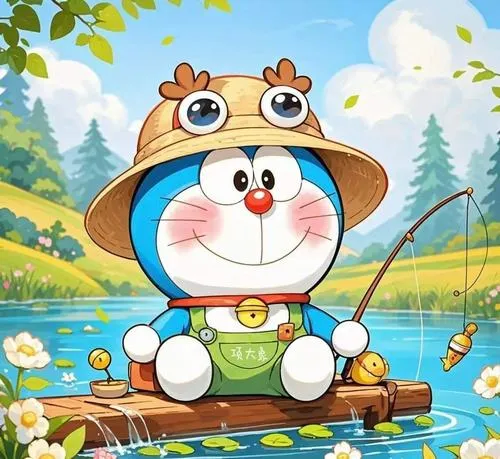 Ảnh Doraemon fanart tạo hình thám tử tài ba với chiếc mũ dạ cổ điển cùng kính lúp cầm tay đang chăm chú tìm kiếm manh mối trên bãi cỏ một cách cẩn trọng.