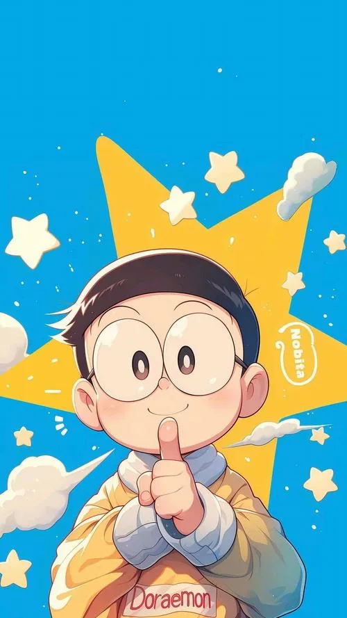 Tác phẩm hội họa Doraemon tự do thả nhân vật ngồi vắt vẻo trên ngọn của vầng trăng khuyết màu vàng chanh đang buông cần câu những ngôi sao nhỏ lấp lánh diệu kỳ.