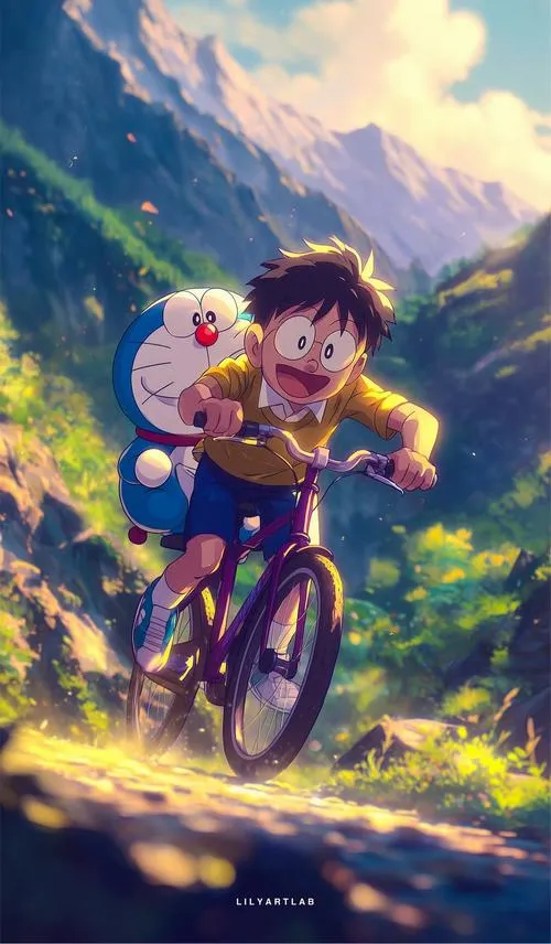 Nobita mải miết đạp chiếc xe đạp cũ chở chú mèo máy ngồi phía sau băng qua con đường mòn xuyên cánh rừng già ngập tràn những vệt nắng xiên lung linh.