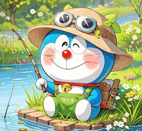 Hình nền di động tạo hình chú mèo máy đội mũ cói thắt nơ đeo ba lô nhỏ đang ngồi câu cá bên bờ suối với gương mặt tràn đầy niềm vui phấn khởi.
