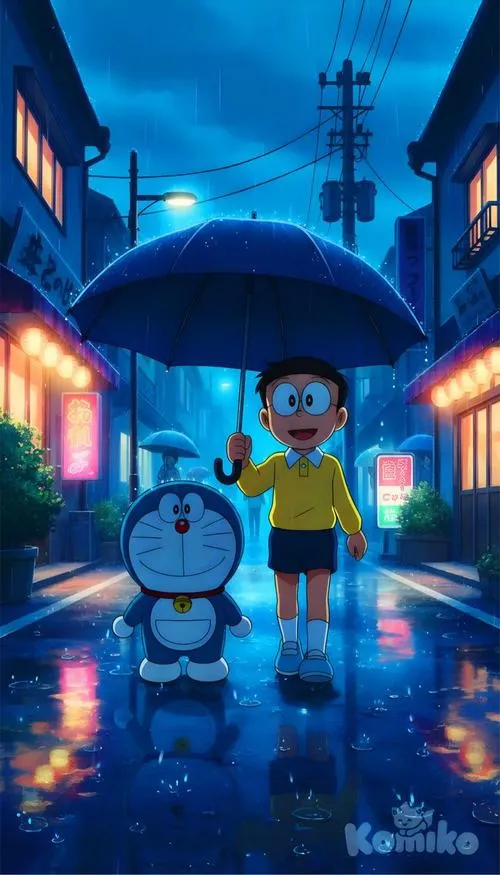 Đôi bạn thân cùng che chung chiếc ô xanh đi dạo trên con phố Tokyo ướt đẫm nước mưa phản chiếu ánh đèn neon từ các cửa hiệu trông thật bắt mắt.