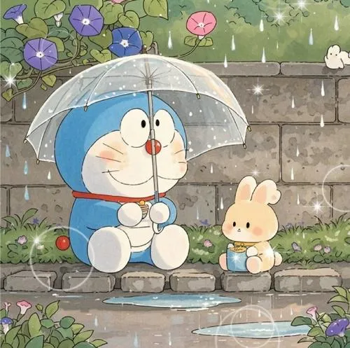 Tác phẩm họa lại Doraemon ngồi trú mưa dưới chiếc ô trong suốt cạnh một chú thỏ trắng nhỏ giữa những hạt mưa rơi tí tách tạo nên bầu không khí trong lành.