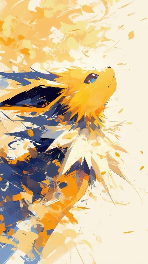 Cánh chim Zapdos lao qua nền vàng cam rực rỡ, nét cọ tung mạnh tạo cảm giác hình nền Pokemon đang bùng lên giữa ánh sáng