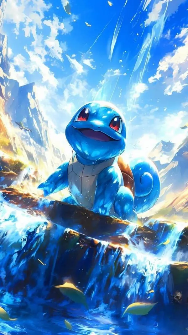 Squirtle nhảy khỏi làn nước xanh mát lành, bọt tung quanh cơ thể nhỏ xíu khiến biểu cảm vui vẻ của nhân vật nổi bật hơn