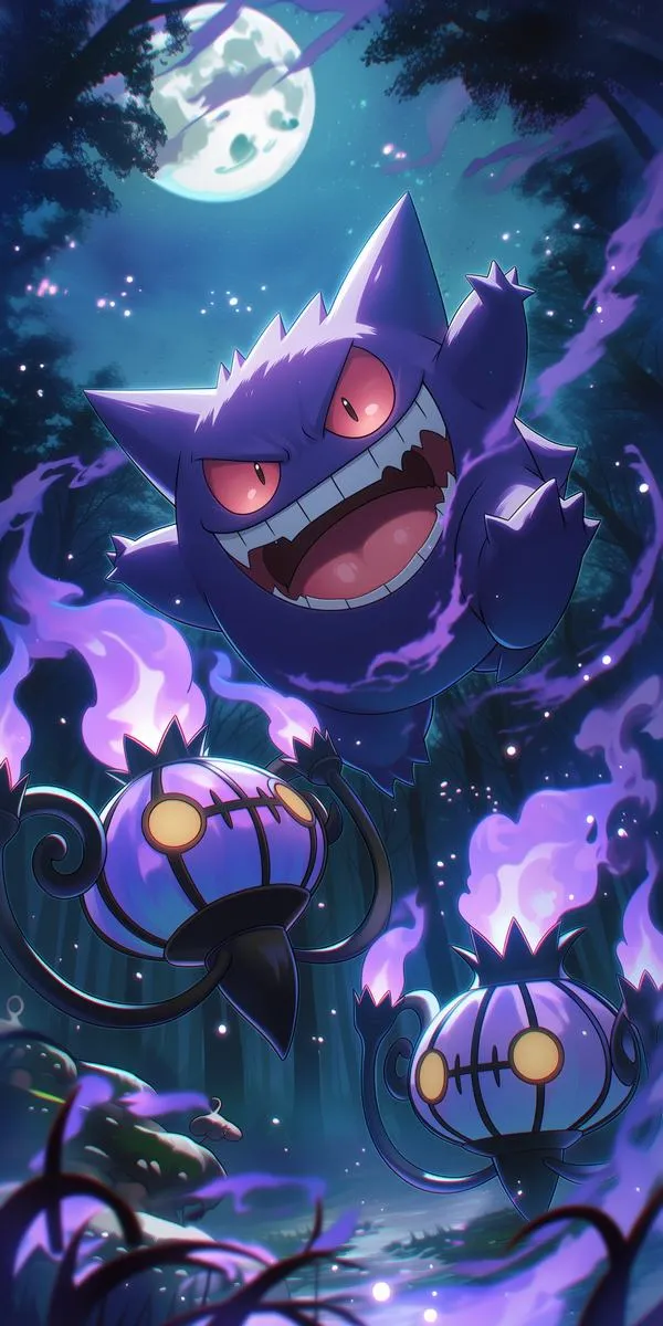 Gengar cười lớn giữa màn đêm tím ma mị, những đốm sáng và bóng cây phía sau tạo đúng không khí lễ hội rùng rợn