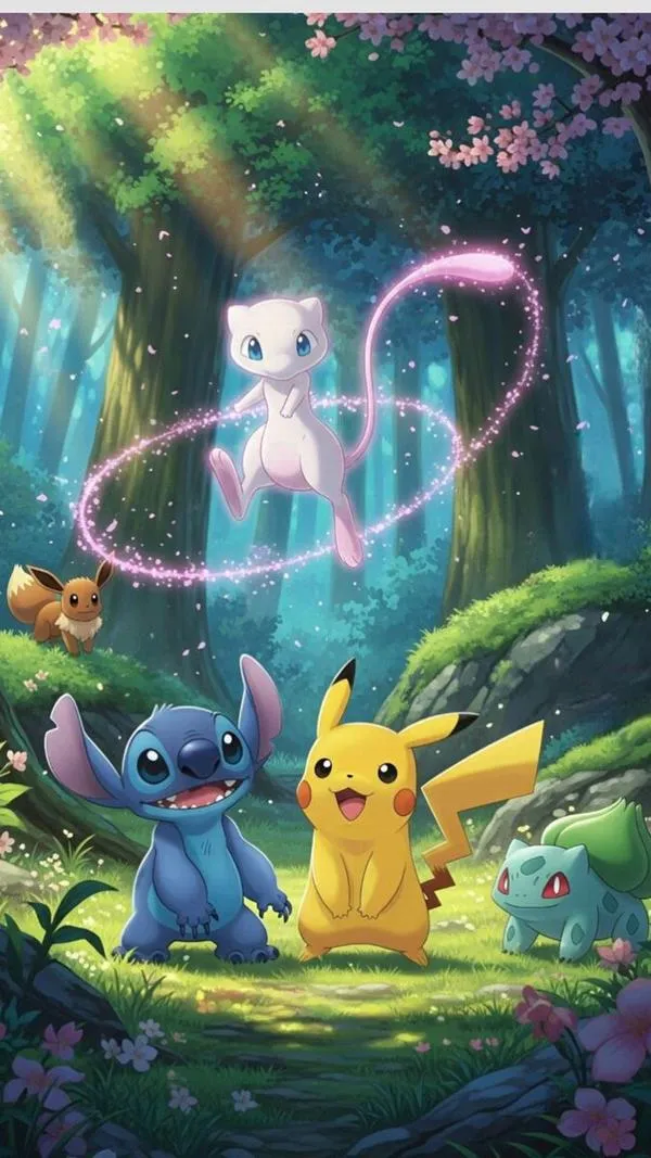 Ảnh nền đt Iphone Mew bay giữa rừng cùng Pikachu và Squirtle huyền ảo, vòng sáng uốn quanh khiến cảnh nhìn mềm và lung linh