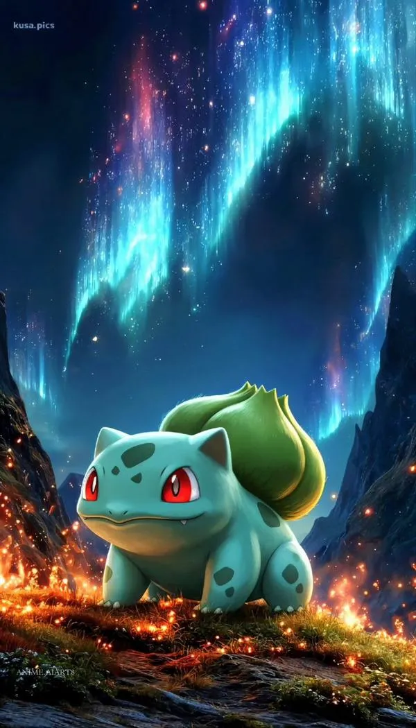 Bulbasaur đứng trên nền đất cháy dưới bầu trời cực quang kỳ ảo, sắc xanh tím phía sau làm biểu tượng hệ sinh vật nổi rõ