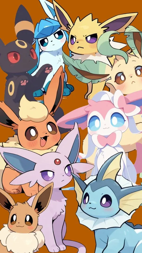 Dàn Eeveelution chen nhau trong khung dọc đầy màu, gương mặt mỗi nhân vật nhìn một hướng tạo cảm giác bộ sưu tập nhỏ rất vui mắt