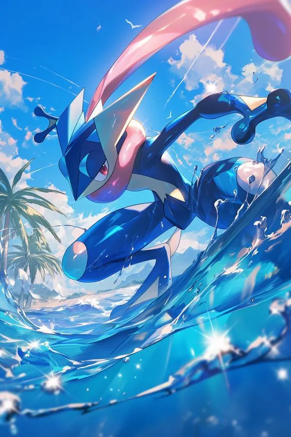 Greninja lướt qua xoáy nước xanh mạnh mẽ, đường chém sáng bao quanh cơ thể làm hình nền đấu trường Pokemon có nhịp chuyển động rõ