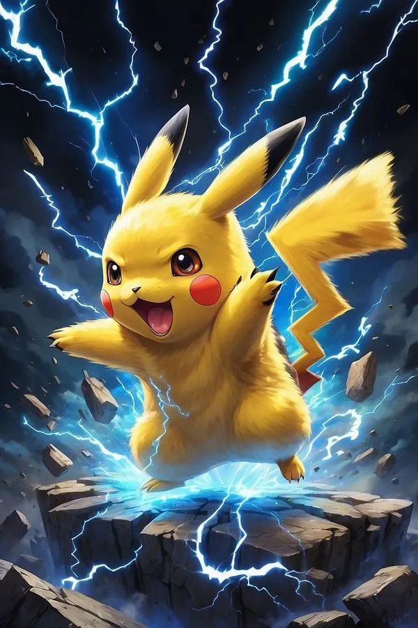 Pikachu đứng giữa tia sét xanh vàng bùng nổ, đôi tai dựng cao và má điện sáng làm nhân vật trông tràn năng lượng
