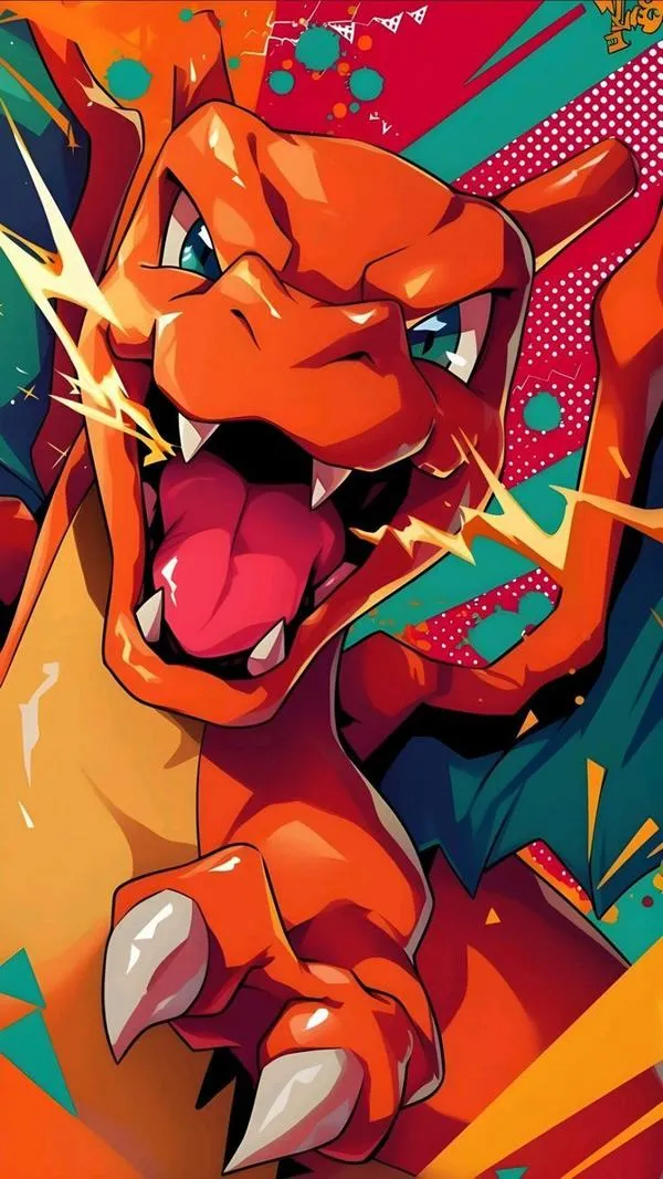 Charizard há miệng gầm lớn trong nền đỏ dữ dội, móng vuốt và đôi cánh mở rộng khiến khung ảnh như cảnh thách đấu