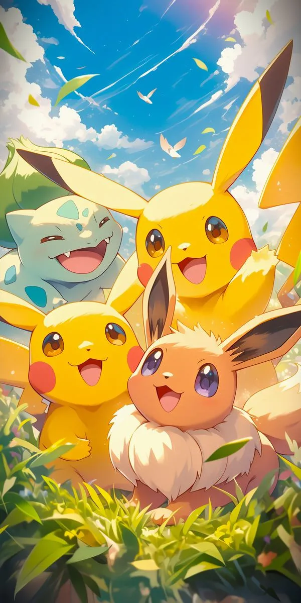 Pikachu và Eevee đứng cạnh sinh vật lá trong khu rừng tươi sáng, nắng xuyên qua tán cây làm ảnh màn hình trò chơi Pokemon đầy sức sống