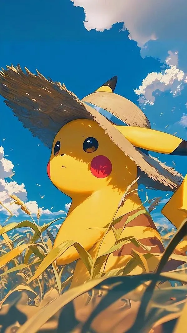 Ảnh bìa Pikachu đội mũ rơm giữa cánh đồng ấm áp, bầu trời xanh và hàng cỏ vàng tạo cảm giác mùa hè rất yên