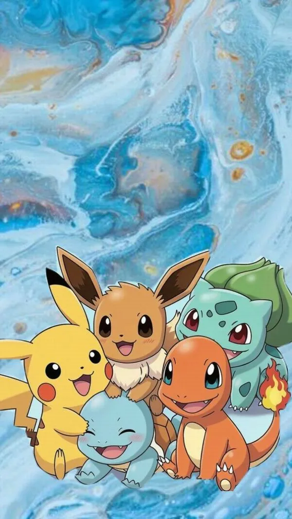 Pikachu, Eevee, Charmander và Bulbasaur đứng sát nhau trong nền vân xanh ngộ nghĩnh, các biểu cảm tròn xoe khiến khung hình dễ thương