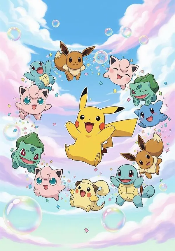 Pikachu ngồi giữa nhóm sinh vật nhỏ trên mây hồng ngọt ngào, sắc pastel phủ đều khiến cảnh giống một bữa tiệc bay