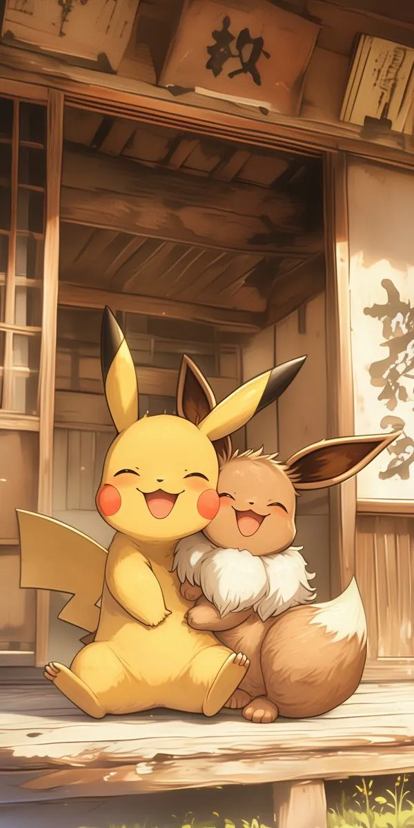 Pikachu và Eevee tựa vào nhau trong căn phòng gỗ ấm cúng, ánh sáng vàng phía sau khiến biểu cảm lim dim thêm thân thương