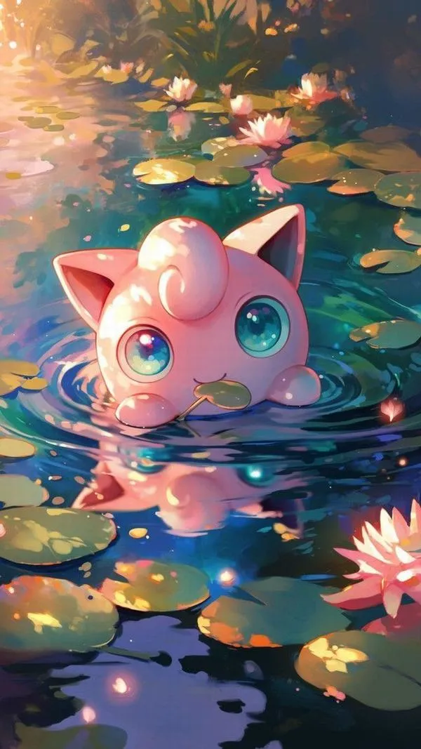 Jigglypuff nổi trên mặt nước phủ hoa súng mềm mại, đôi mắt xanh tròn và lớp phản chiếu tím tạo cảm giác rất trong