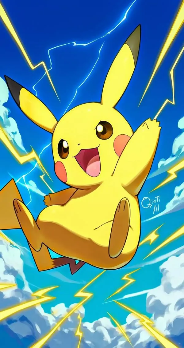 Pikachu bật nhảy giữa nền xanh điện năng động, tia sét tỏa quanh thân nhỏ làm ảnh màn hình quái thú bỏ túi sáng bừng