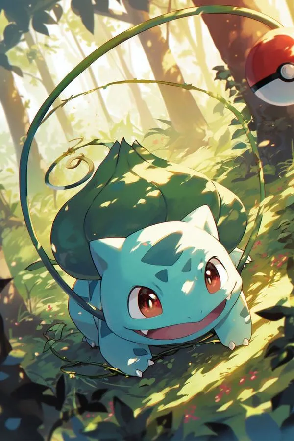 Ảnh wallpaper Bulbasaur nép trong rừng có quả cầu Pokeball bí ẩn, dây leo uốn quanh và nắng xiên nhẹ làm cảnh thêm cuốn