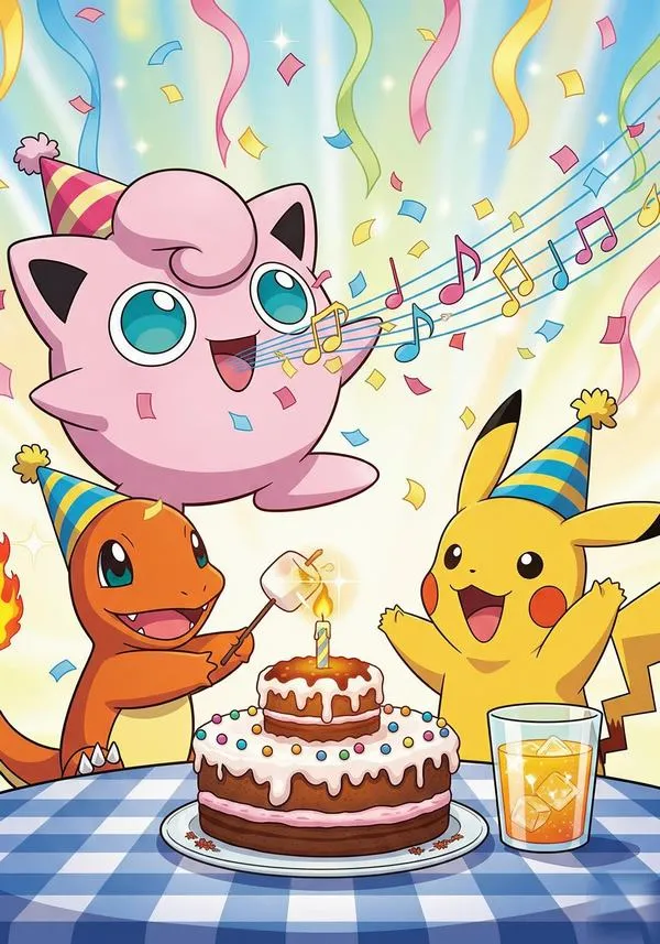 Hình nền điện thoại Jigglypuff, Charmander và Pikachu mừng sinh nhật bên chiếc bánh đáng yêu, giấy màu bay quanh làm khung ảnh rất ấm