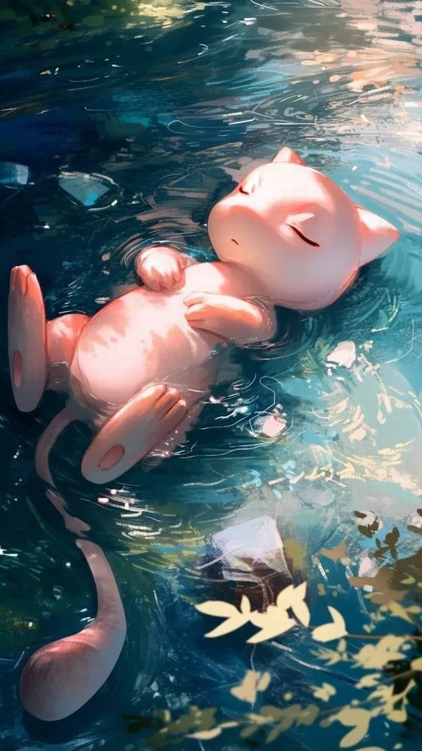 Mew bơi lơ lửng dưới mặt nước xanh mơ màng, ánh sáng hắt từ trên cao khiến hình nền sinh vật huyền thoại Nhật Bản nhẹ như giấc mơ