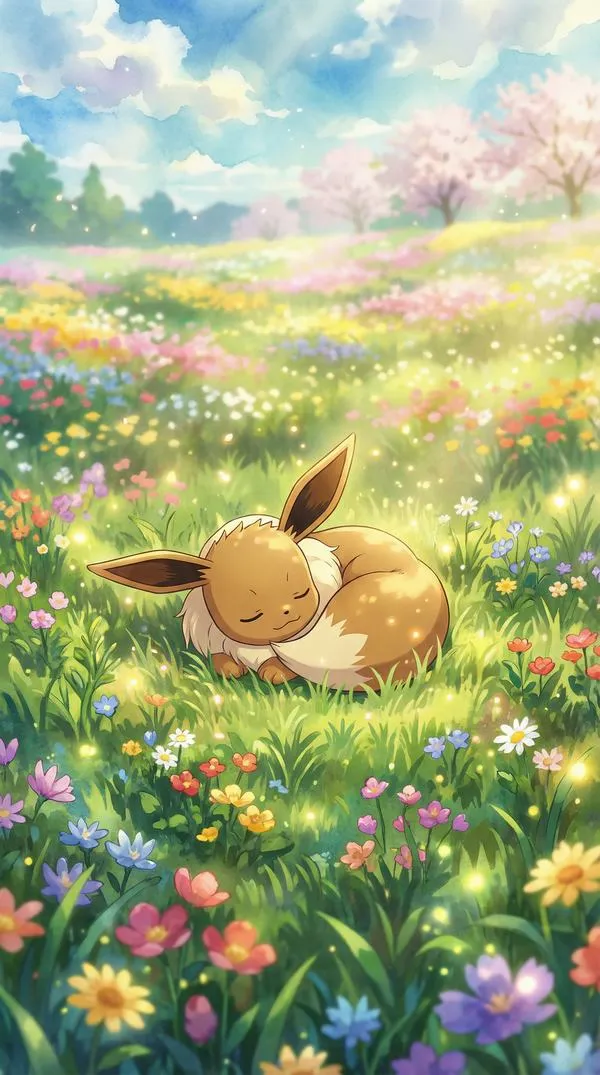 Eevee nằm giữa thảm hoa đồng nội dịu dàng, bầu trời trong và nắng mềm phía sau làm bức ảnh có cảm giác bình yên