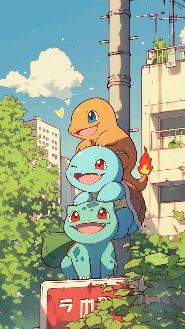 Charmander và Squirtle đứng bên con phố mùa hè trong trẻo, tòa nhà cũ và mây trắng giúp khung hình giống một lát cắt anime
