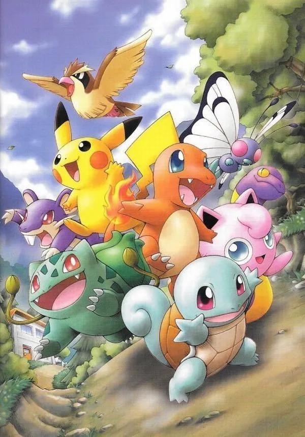Ảnh wallpaper Pikachu, Bulbasaur, Charmander và Mewtwo chạy chung trong cảnh nền náo nhiệt, màu tím vàng hòa vào nhau rất bắt mắt