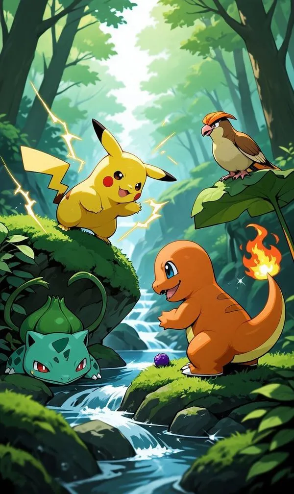 Pikachu, Bulbasaur và Charmander băng qua con suối rừng sinh động, ánh nắng lọt qua lá làm ảnh nền quái thú bỏ túi có chất phiêu lưu