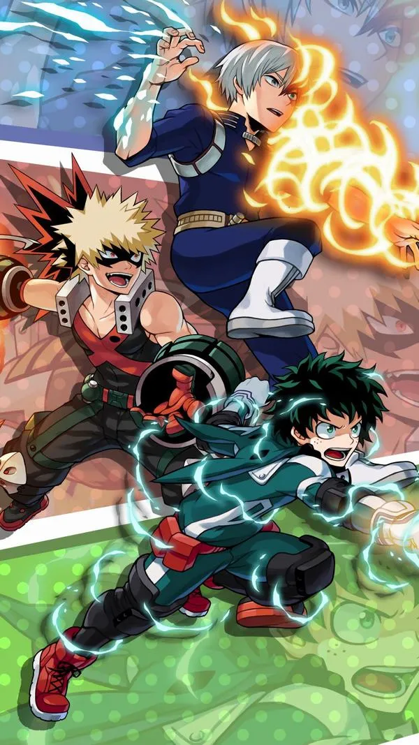 Bakugo và Deku lao về phía trước, Todoroki tung lửa phía sau tạo bố cục chiến đấu dồn dập giữa nền cỏ sáng