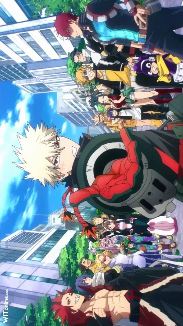 Deku và Bakugo chạy xuyên qua phố, xe cộ và nhà cao tầng phía sau tạo không khí hành động gấp gáp
